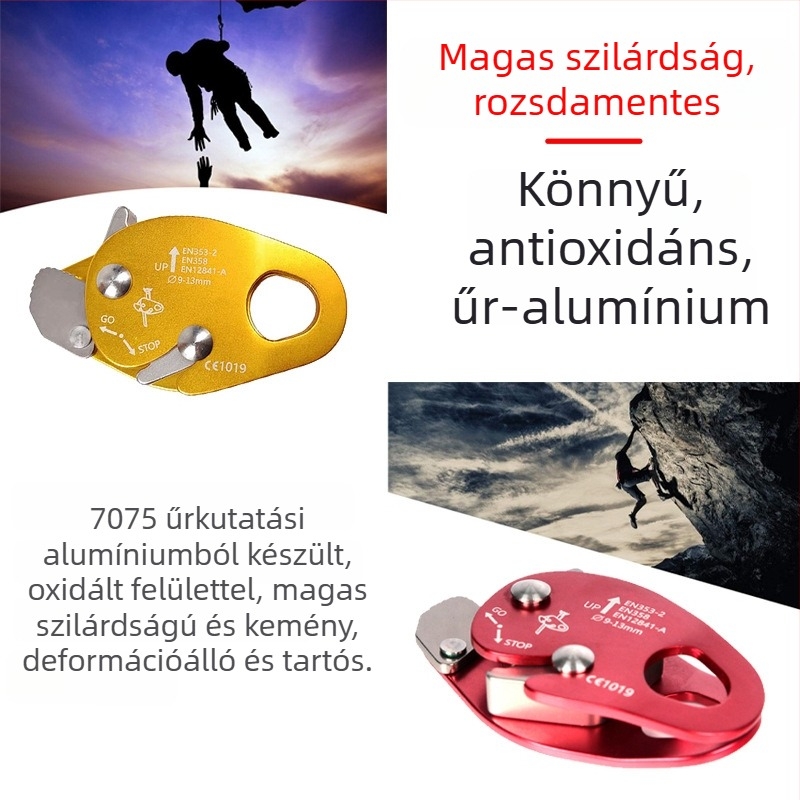 Kötélfogó, gólya-stílusú kialakítás, repülőgép-alumínium kivitel, ereszkedésvédelmi funkció