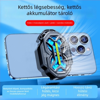 DY59 kétventilátoros telefonhűtő, léghűtés, három sebesség, dupla akkumulátor, vezeték nélküli kapcsolat, kompatibil Apple és Android telefonok