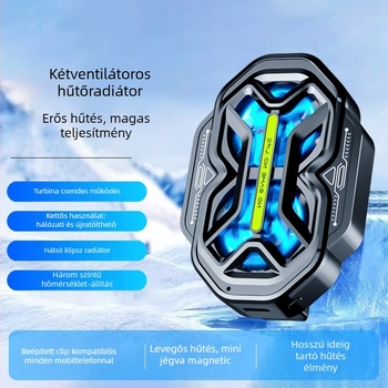 DY59 kétventilátoros telefonhűtő, léghűtés, három sebesség, dupla akkumulátor, vezeték nélküli kapcsolat, kompatibil Apple és Android telefonok