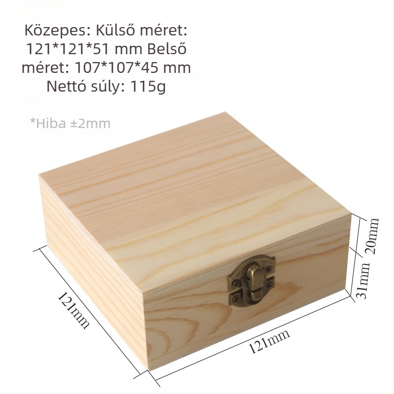 Fenyőfa négyzet alakú ékszerdoboz, felső és alsó fedéllel, gravírozás, testreszabható, logónyomtatási lehetőség
