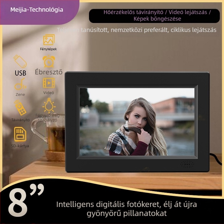 Ultra vékony keretes digitális fotókeret, 1024x600 HD kijelző, 200 lumenes fényerő, SD/USB memória támogatás, zene- és videólejátszás