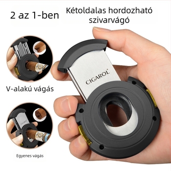 2 az 1-ben szivarvágó: V- és egyenes vágás, fémből, elektroplatált felület, kb. 150 g tömeg, félautomata kapcsoló