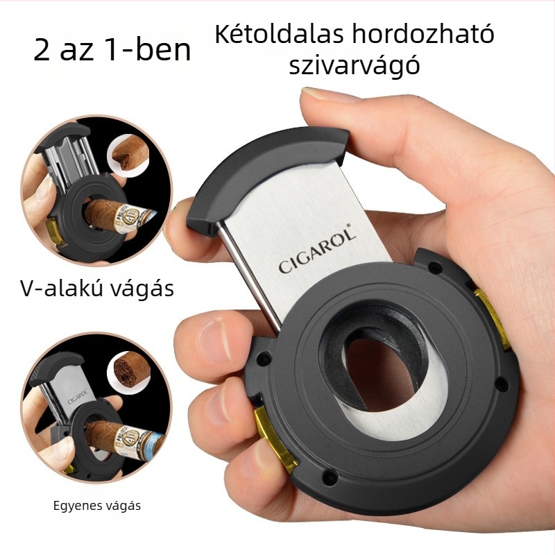 2 az 1-ben szivarvágó: V- és egyenes vágás, fémből, elektroplatált felület, kb. 150 g tömeg, félautomata kapcsoló