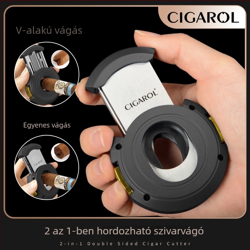 2 az 1-ben szivarvágó: V- és egyenes vágás, fémből, elektroplatált felület, kb. 150 g tömeg, félautomata kapcsoló