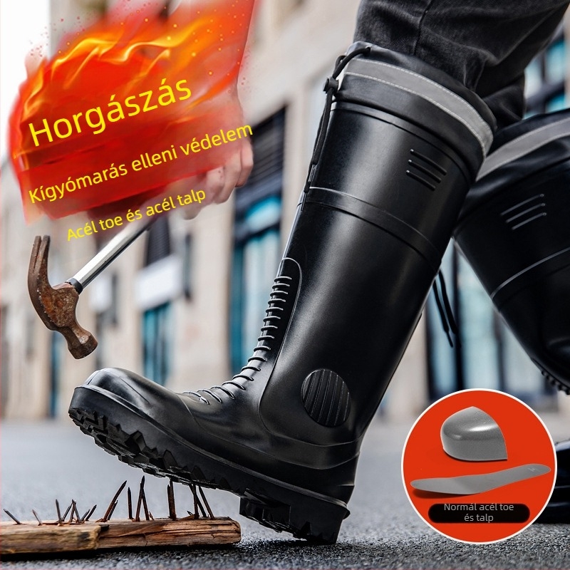 Bányászati biztonsági esőcsizmák acél orral és acél talppal, csúszásmentes, kopásálló