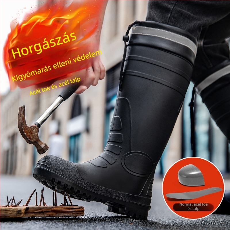 Bányászati biztonsági esőcsizmák acél orral és acél talppal, csúszásmentes, kopásálló