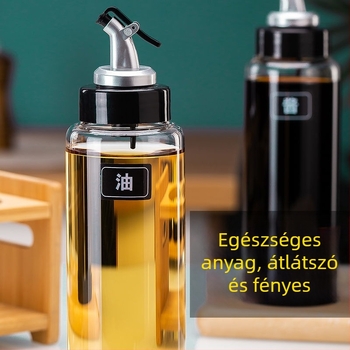 Magas bóroszilikát üvegből készült olajtartó, hermetikus és szivárgásmentes, automata nyitás-zárású, hőálló, alkalmas olajra, ecetre és fűszerekre