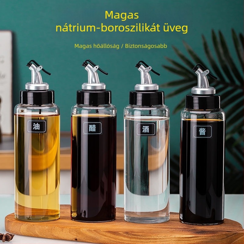 Magas bóroszilikát üvegből készült olajtartó, hermetikus és szivárgásmentes, automata nyitás-zárású, hőálló, alkalmas olajra, ecetre és fűszerekre