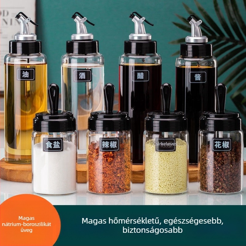 Magas bóroszilikát üvegből készült olajtartó, hermetikus és szivárgásmentes, automata nyitás-zárású, hőálló, alkalmas olajra, ecetre és fűszerekre