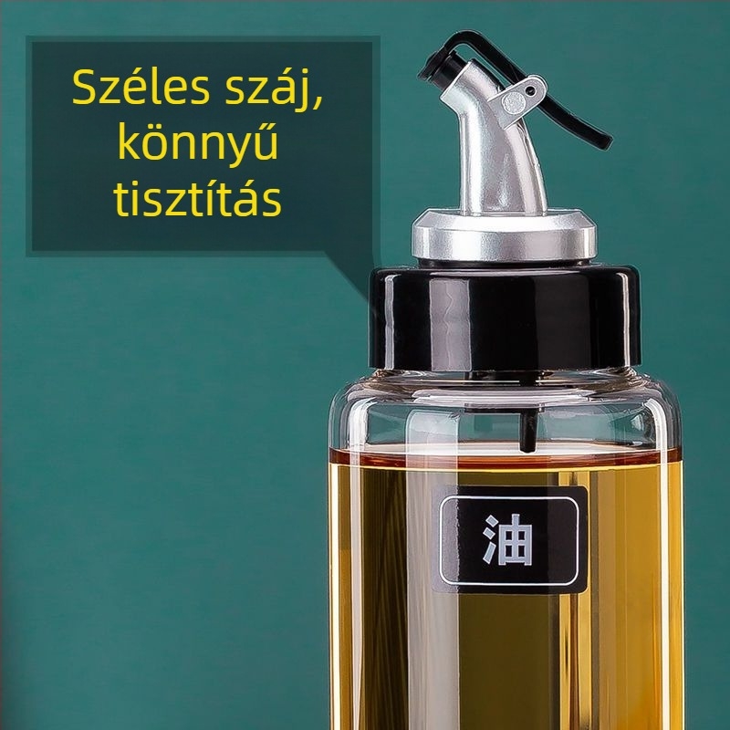 Magas bóroszilikát üvegből készült olajtartó, hermetikus és szivárgásmentes, automata nyitás-zárású, hőálló, alkalmas olajra, ecetre és fűszerekre