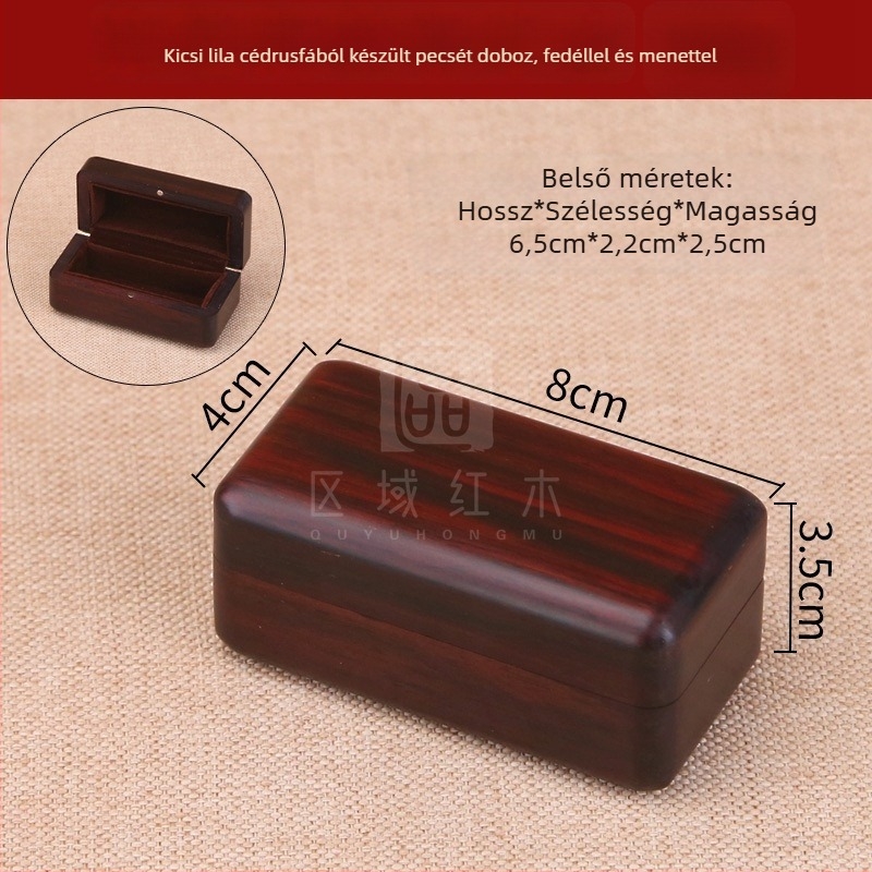 Hordozható tömörfa pecsét-doboz egyetlen pecsét számára, lehajtható fedéllel, természetes fa, gravírozott kivitel, kávébarna filcbelés, modell PEF901, pecsét-tároló