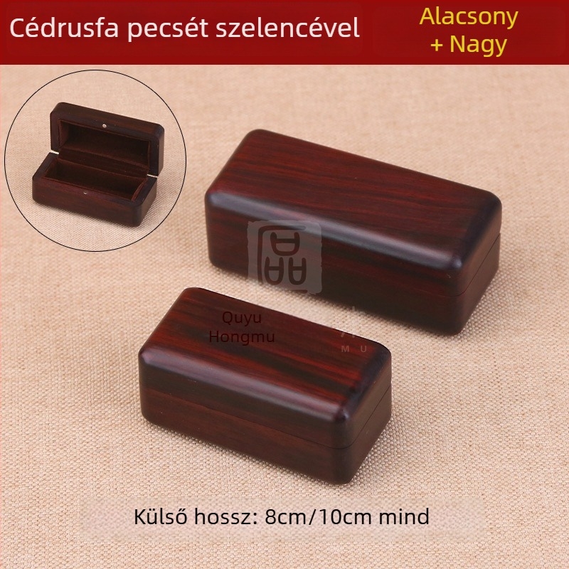 Hordozható tömörfa pecsét-doboz egyetlen pecsét számára, lehajtható fedéllel, természetes fa, gravírozott kivitel, kávébarna filcbelés, modell PEF901, pecsét-tároló