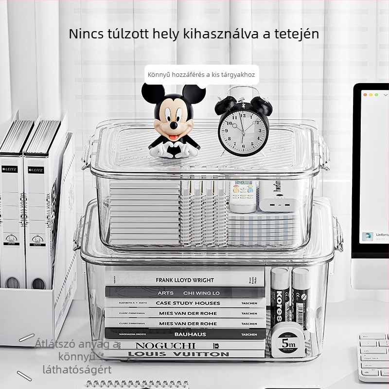 Akril asztali tároló doboz fedéllel, átlátszó porvédő, 2 L kapacitás
