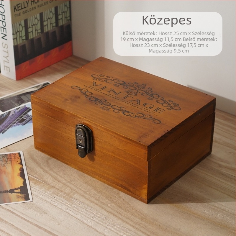 Asztali tároló doboz fából, vintage stílusú, fenyőből, fedéllel és zárható, 1 literes kapacitás, logó nyomtatásos testreszabás