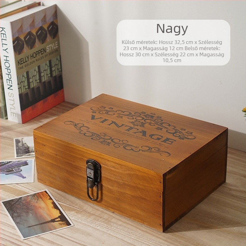 Asztali tároló doboz fából, vintage stílusú, fenyőből, fedéllel és zárható, 1 literes kapacitás, logó nyomtatásos testreszabás