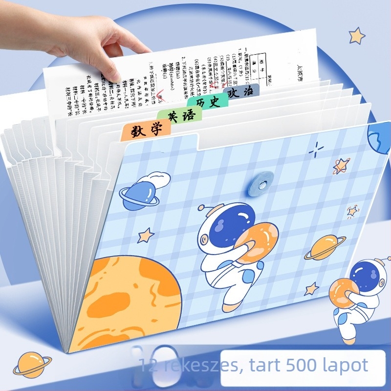 Átlátszó műanyag akordeon mappa dokumentumokhoz, 12 rekesz, 0,6 mm vastagság