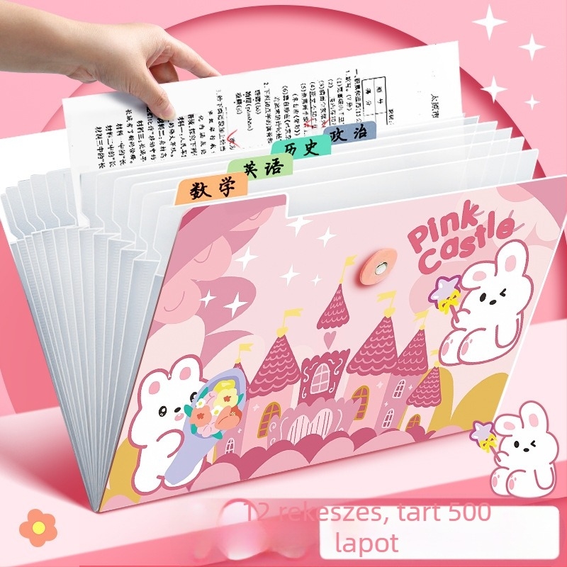 Átlátszó műanyag akordeon mappa dokumentumokhoz, 12 rekesz, 0,6 mm vastagság