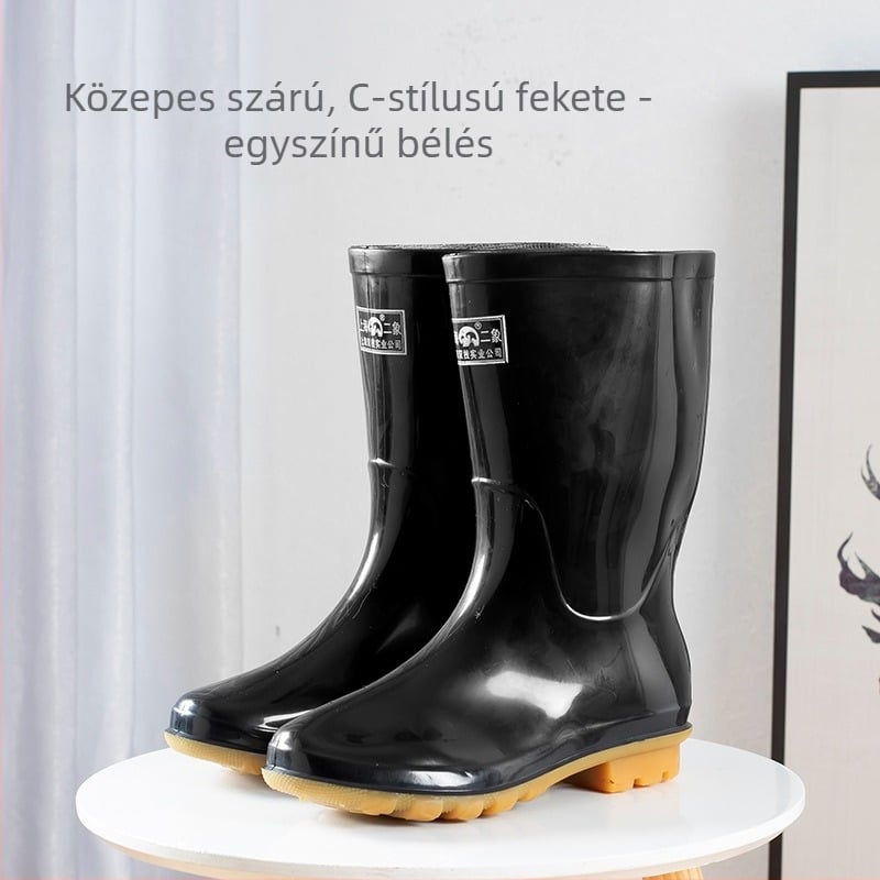 Férfi PVC esőcsizma középmagasságú, kopásálló, csúszásmentes talppal, fekete