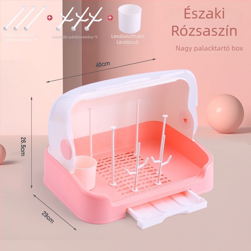 Baba cumisüveg és evőeszközök tároló doboza porvédett fedéllel és levezető polccal - Modell 998, PP, kapacitás 1000 L+, összecsukható, nedvességálló