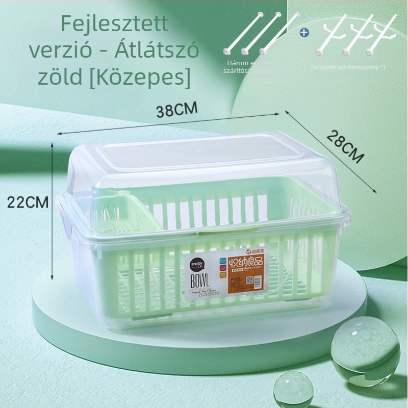 Baba cumisüveg és evőeszközök tároló doboza porvédett fedéllel és levezető polccal - Modell 998, PP, kapacitás 1000 L+, összecsukható, nedvességálló