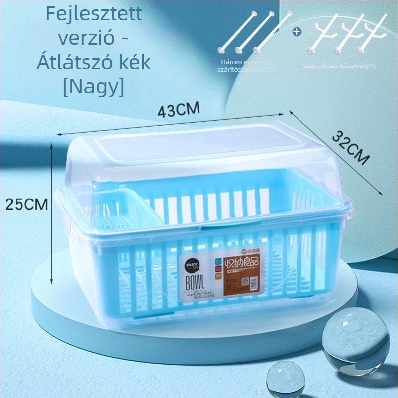 Baba cumisüveg és evőeszközök tároló doboza porvédett fedéllel és levezető polccal - Modell 998, PP, kapacitás 1000 L+, összecsukható, nedvességálló