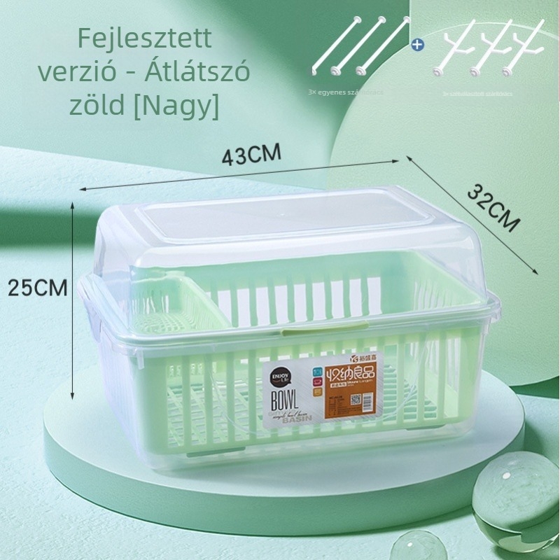 Baba cumisüveg és evőeszközök tároló doboza porvédett fedéllel és levezető polccal - Modell 998, PP, kapacitás 1000 L+, összecsukható, nedvességálló
