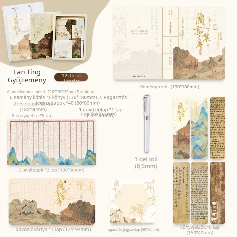 Notebook ajándék készlet Thousand-Mile Landscape motívummal, ősi kínai stílus, Dowling papír, varrott kötés, 200–300 oldal