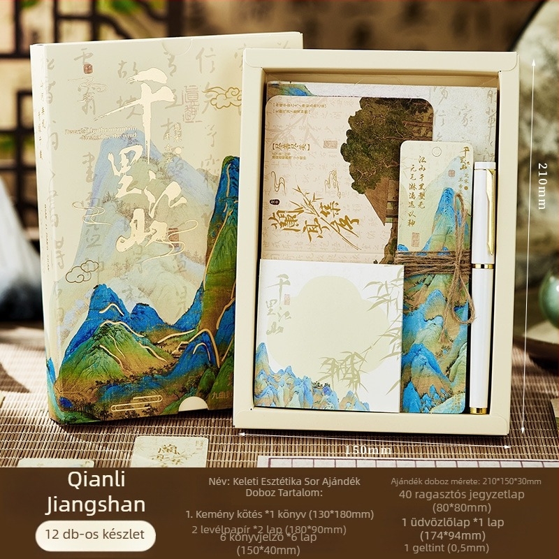 Notebook ajándék készlet Thousand-Mile Landscape motívummal, ősi kínai stílus, Dowling papír, varrott kötés, 200–300 oldal