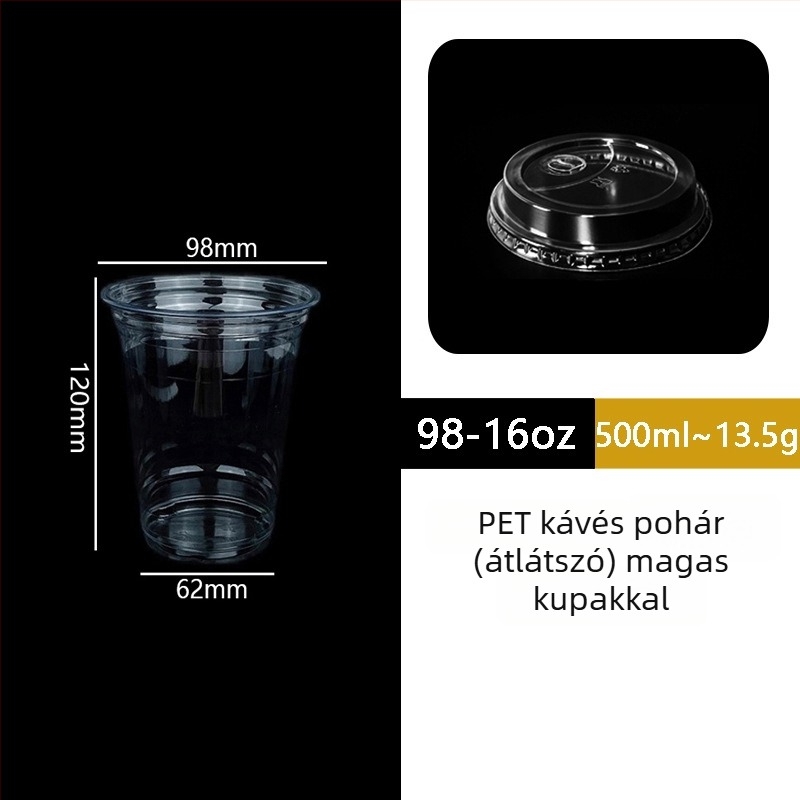 Egyszer használatos PET pohár fedővel kávéhoz és hideg italokhoz – téglalap alakú, kapacitás 501–600 ml, PET anyag, logó nyomtatás lehetséges