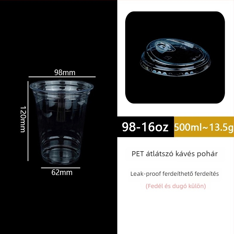 Egyszer használatos PET pohár fedővel kávéhoz és hideg italokhoz – téglalap alakú, kapacitás 501–600 ml, PET anyag, logó nyomtatás lehetséges