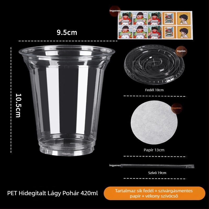 Egyszer használatos műanyag tej-tea pohár, elliptikus alakú, 401–500 ml kapacitású, nem lebomló, nem mikrózható