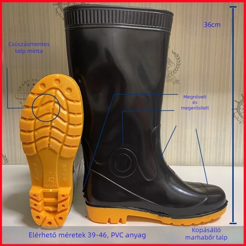 Férfi esőcsizmák, magas szárú, PVC felső rész, gumírozott talp, kerek orr, kúpos sarok 1–3 cm, nyárra