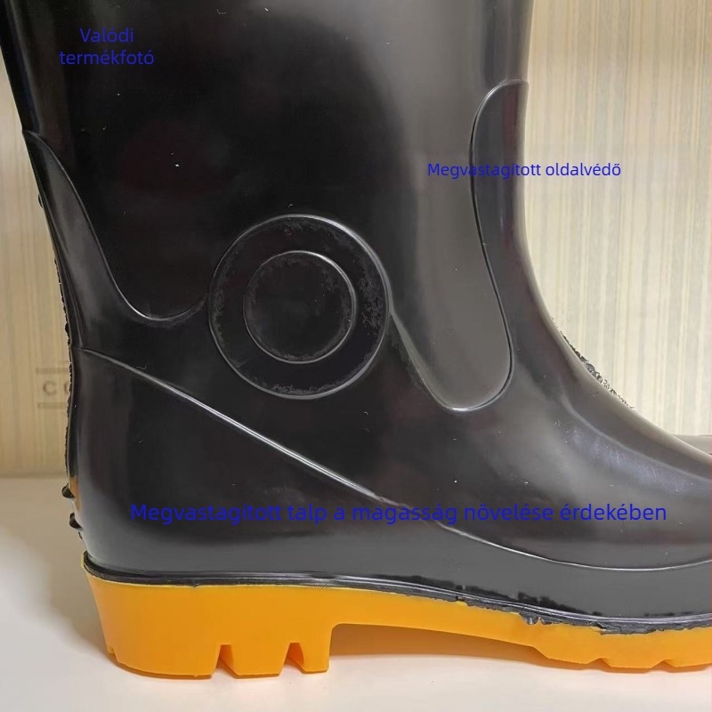 Férfi esőcsizmák, magas szárú, PVC felső rész, gumírozott talp, kerek orr, kúpos sarok 1–3 cm, nyárra