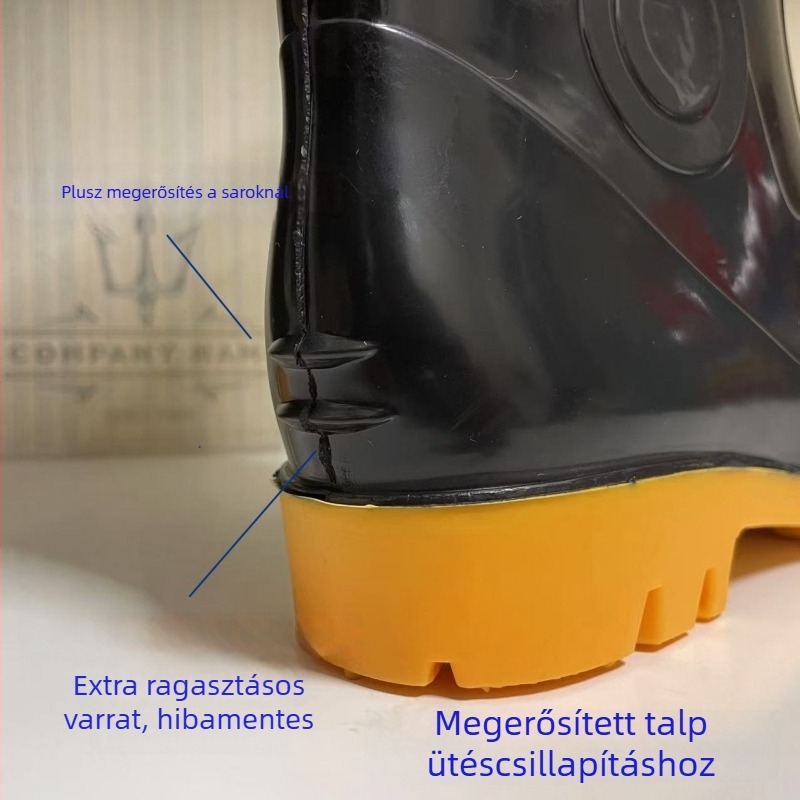 Férfi esőcsizmák, magas szárú, PVC felső rész, gumírozott talp, kerek orr, kúpos sarok 1–3 cm, nyárra