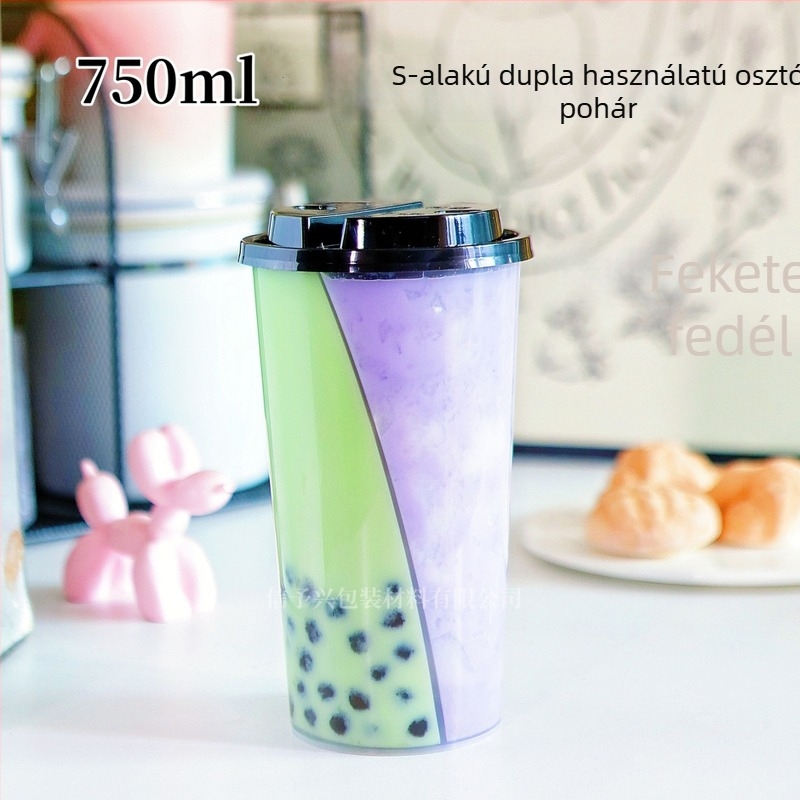 Tejes-tea pohár két ital egyben, S-alakú kreatív dizájn, 500/750 ml, PP, ovális forma