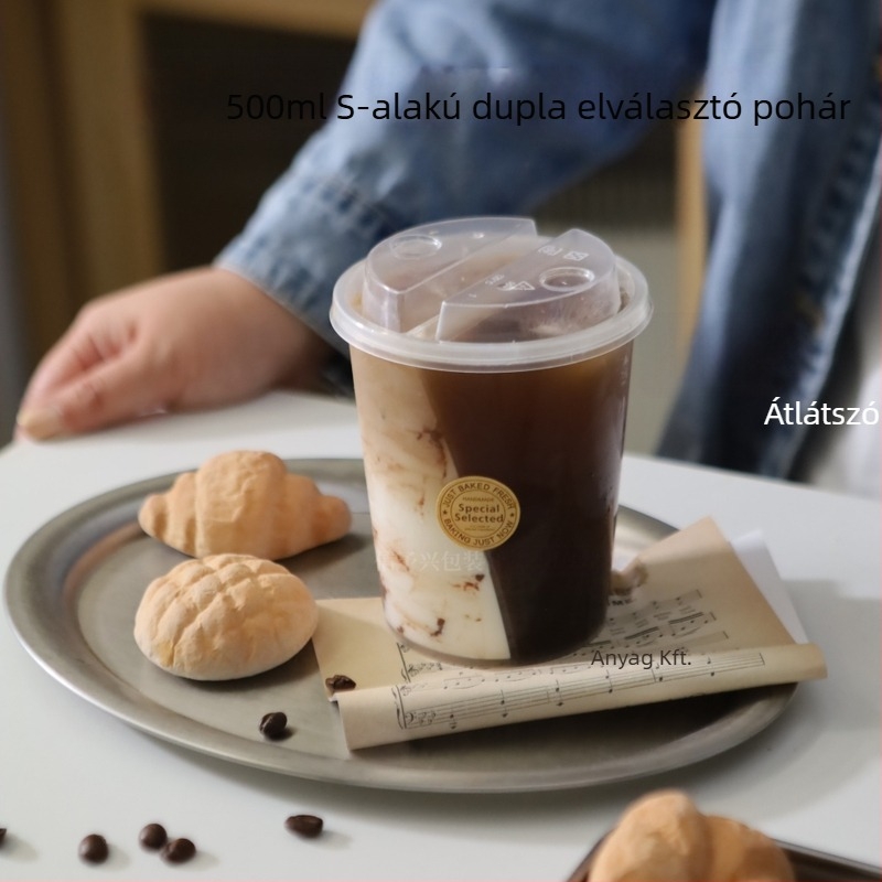 Tejes-tea pohár két ital egyben, S-alakú kreatív dizájn, 500/750 ml, PP, ovális forma