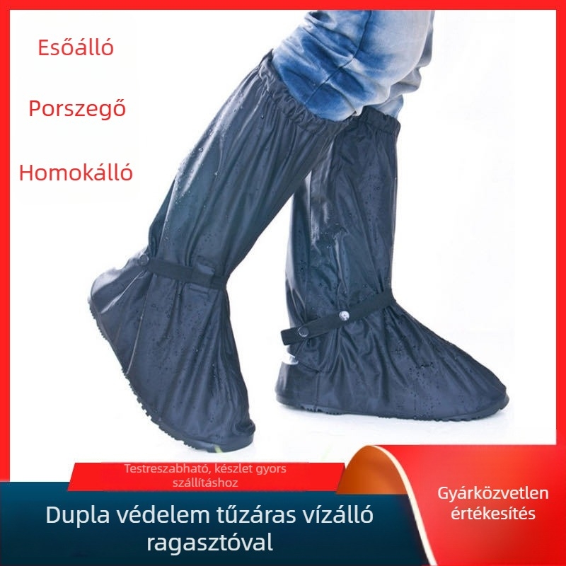 Motorkerékpár esőcipővédő, vastag talppal, magas szárú, vízálló és kopásálló, cipzár és tépőzár zárással