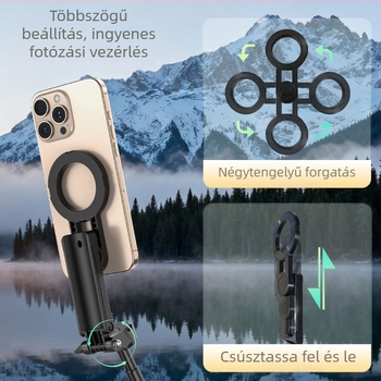 Bluetooth selfie stick, kézben tartható, kihajtható és forgó, mágneses mini telefonhoz