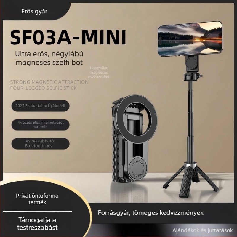Bluetooth selfie stick, kézben tartható, kihajtható és forgó, mágneses mini telefonhoz