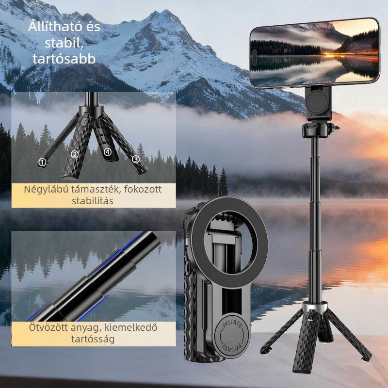 Bluetooth selfie stick, kézben tartható, kihajtható és forgó, mágneses mini telefonhoz