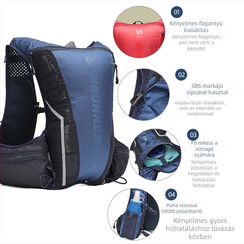 Nylon hidratáló mellény kültéri futáshoz és túrázáshoz – lélegző, vízálló, ultrakönnyű, gerinckáros védelem, száraz–nedves szétválasztás