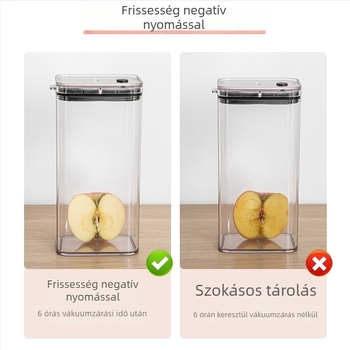 Átlátszó műanyag vákuumos záródó tároló, 1–2 L, négyszögletes alak, diófélékre, kávéra és gabonára