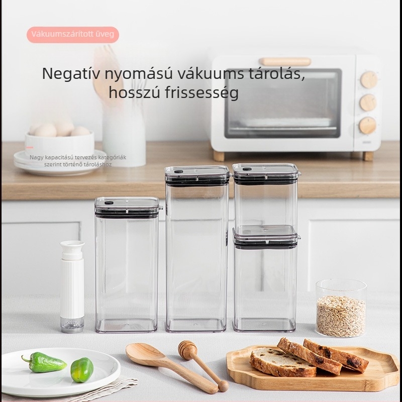 Átlátszó műanyag vákuumos záródó tároló, 1–2 L, négyszögletes alak, diófélékre, kávéra és gabonára