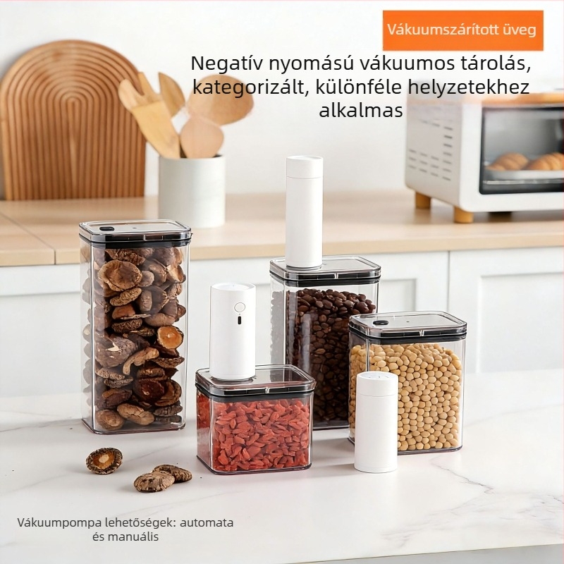 Átlátszó műanyag vákuumos záródó tároló, 1–2 L, négyszögletes alak, diófélékre, kávéra és gabonára