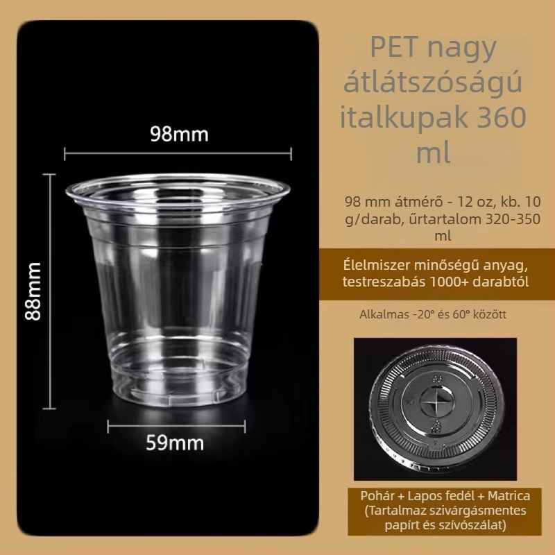 Egyszer használatos PET pohár fedővel tej- és kávéitalokhoz, átlátszó, 401–500 ml, Ø98 mm