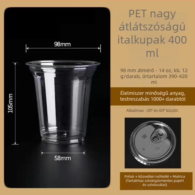 Egyszer használatos PET pohár fedővel tej- és kávéitalokhoz, átlátszó, 401–500 ml, Ø98 mm