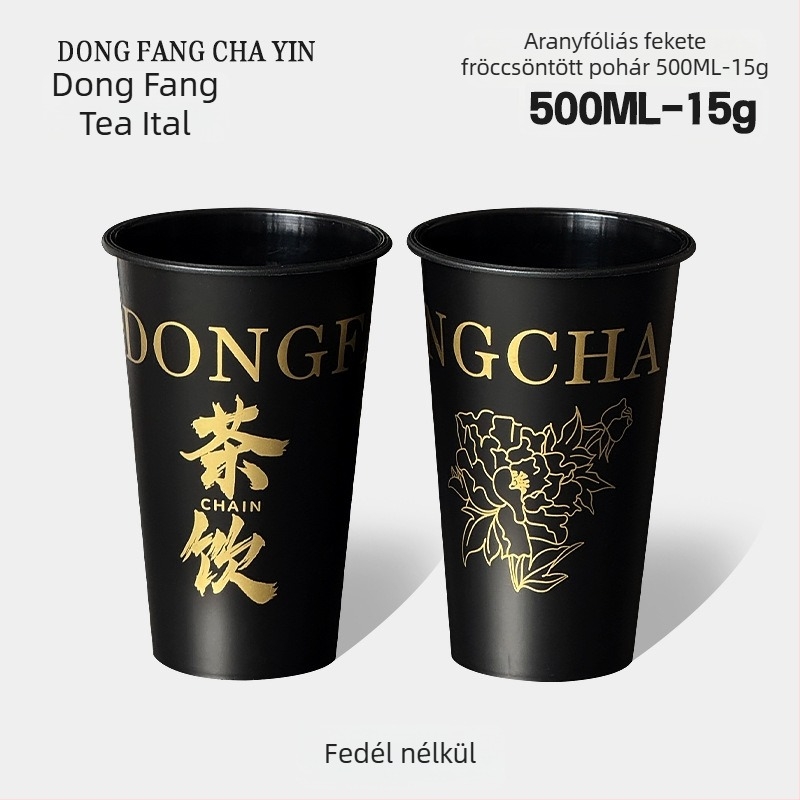 Aranyozott injektált formájú egyszer használatos teás pohár fedővel, 700 ml, fekete, kínai stílusú hideg italokhoz, 500 darabos csomag