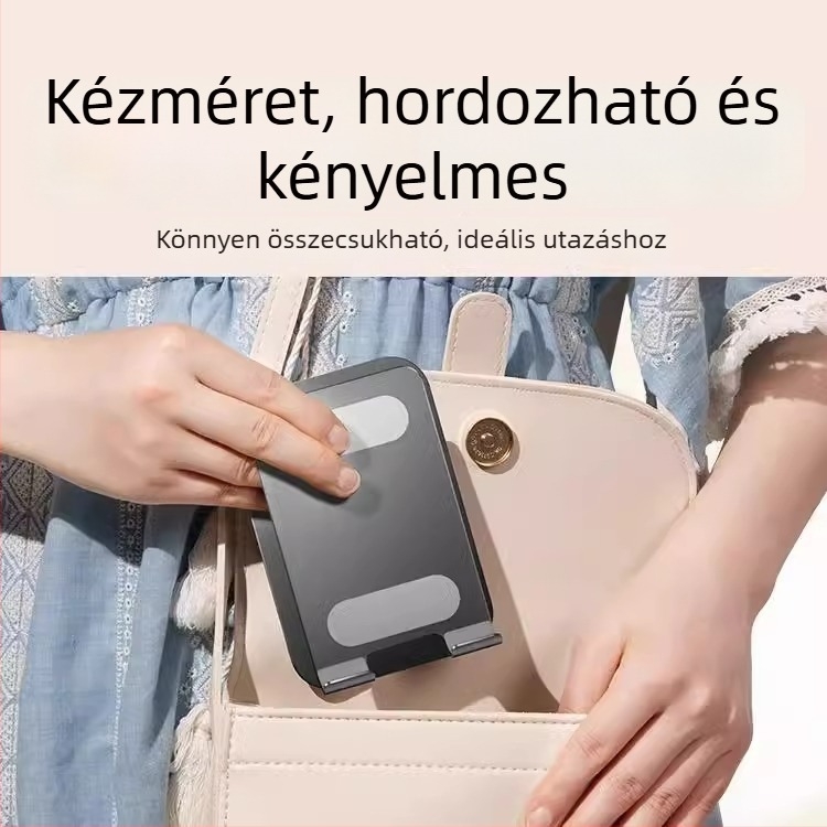 Asztali telefon-tartó, teljesen fém, 360° forgás, összecsukható, univerzális, rezgéscsillapító