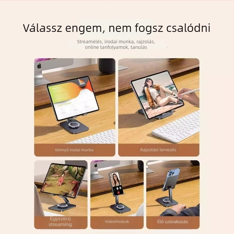 Asztali telefon-tartó, teljesen fém, 360° forgás, összecsukható, univerzális, rezgéscsillapító