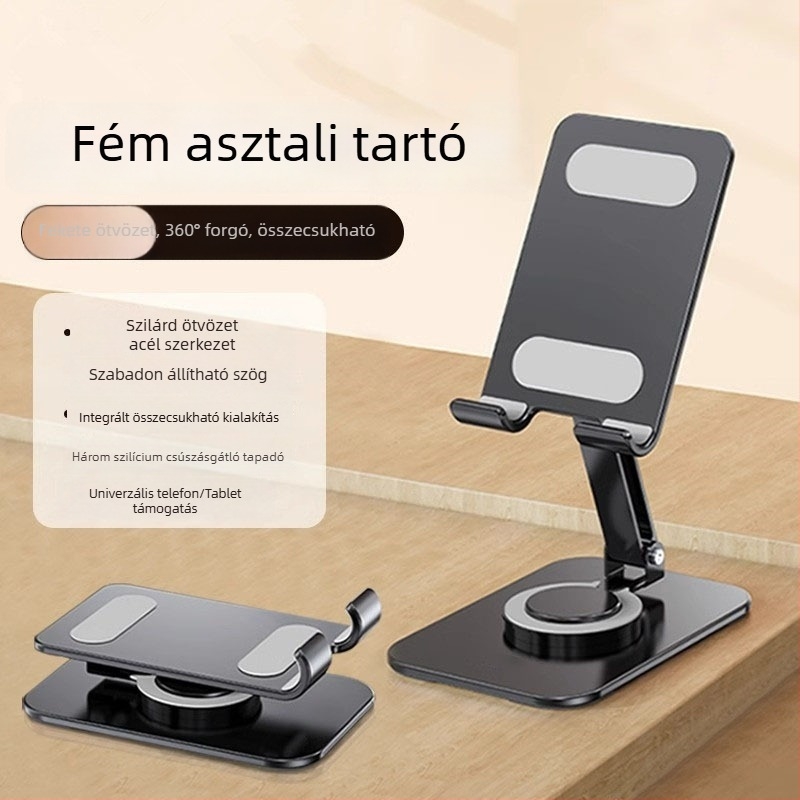Asztali telefon-tartó, teljesen fém, 360° forgás, összecsukható, univerzális, rezgéscsillapító